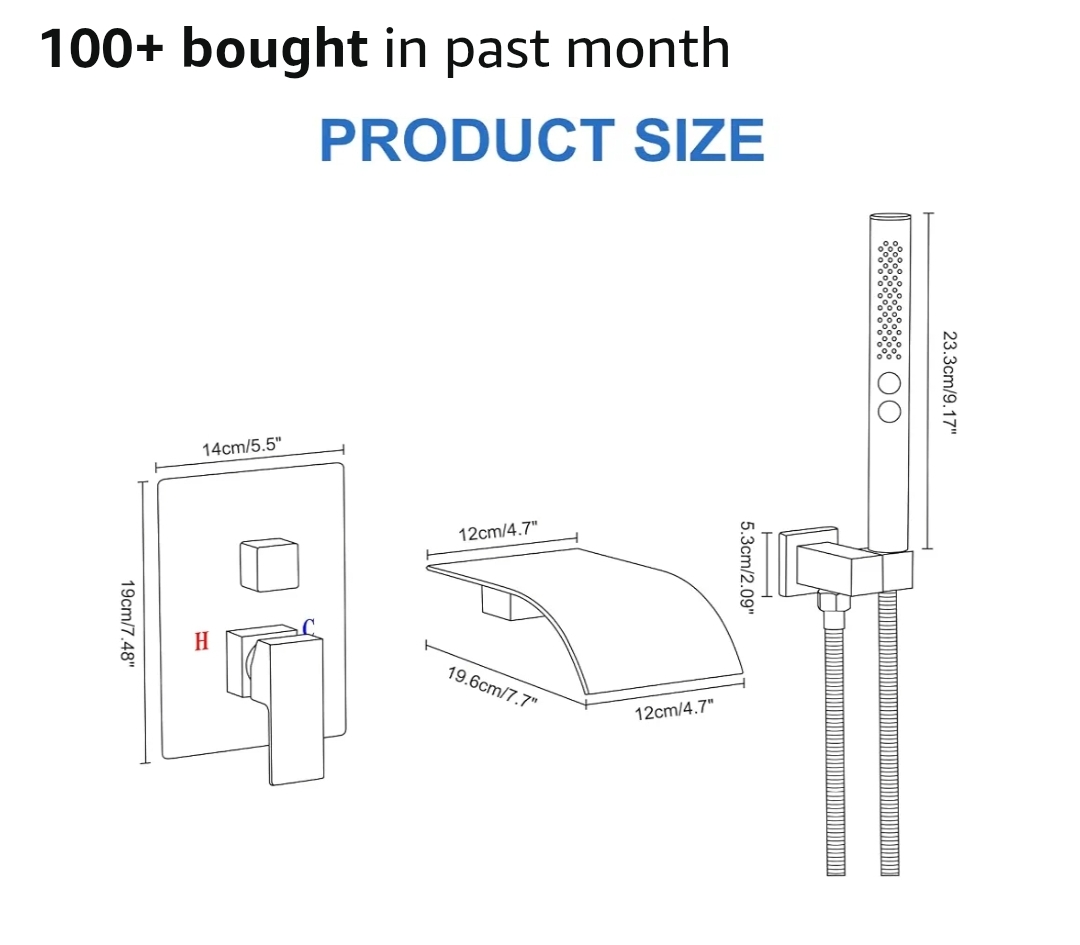 Wall Mount Bathtub Faucet Waterfall Tub Faucet with Handheld Sprayer, Black, 2 in 1 Handheld - Image 9