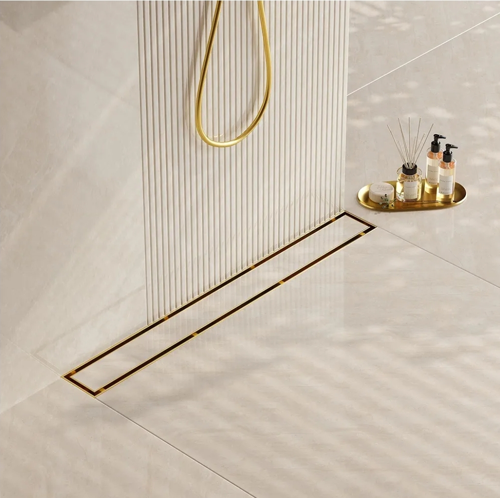 48" Gold Linear Shower Drain,2-in-1 Flat& Tile Insert Cover, Brushed Gold