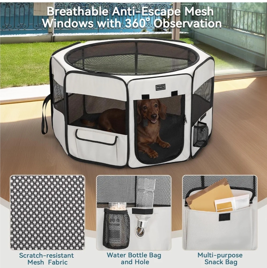 PETSFIT Portable Dog Playpen 24", Removable Waterproof Mat, Zippered Roof - Image 7