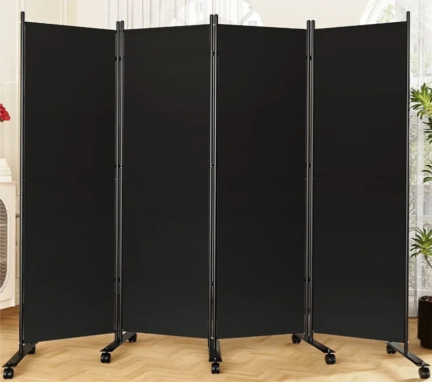 Room Divider Privacy Screens, 4 Panels Dividers with Wheels, Black