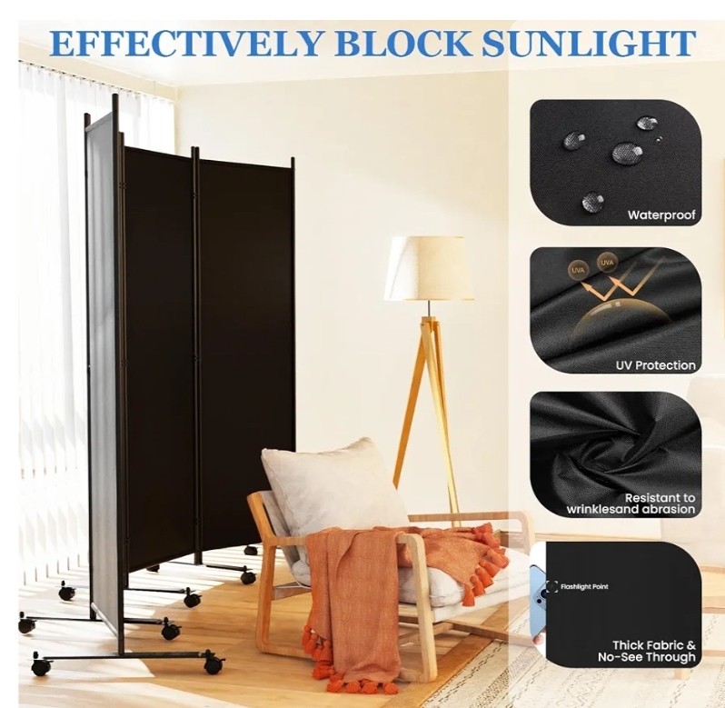 Room Divider Privacy Screens, 4 Panels Dividers with Wheels, Black - Image 6