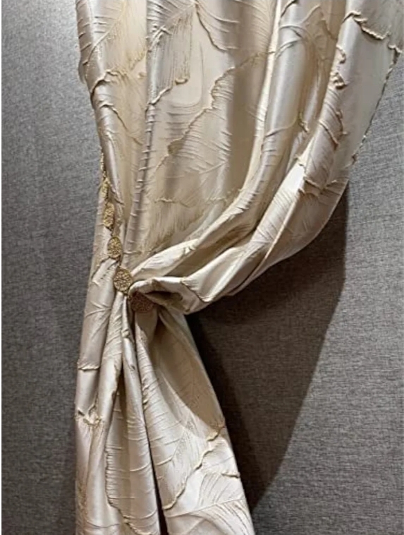 Luxury Curtains Beige Jacquard Drapes 3D Gold Leaf High Precision Curtains, 2 Panels
