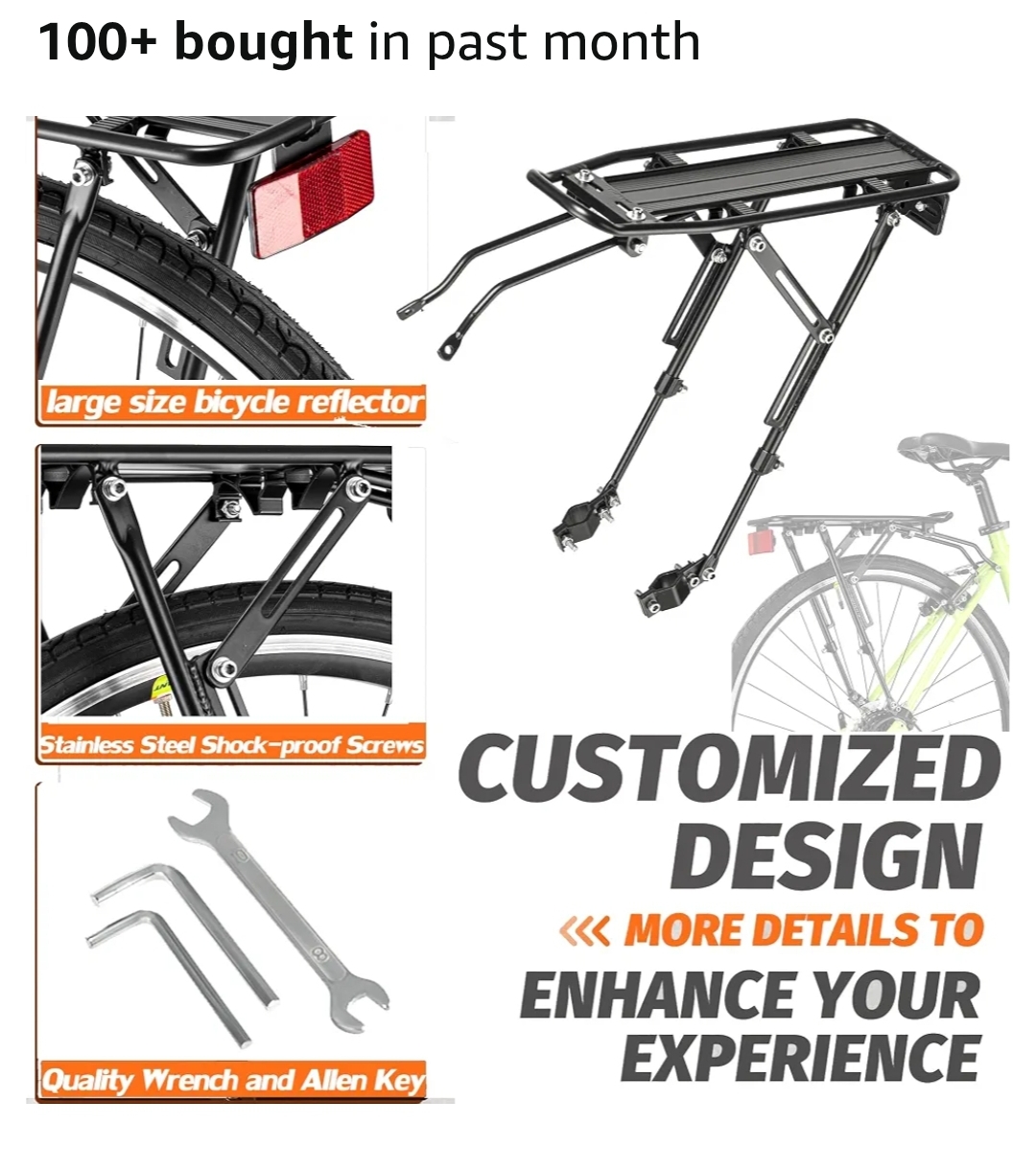 Rear Bike Rack with Large Size Reflective,Bike Cargo Rack with Extra Long Mounting Brackets - Image 7