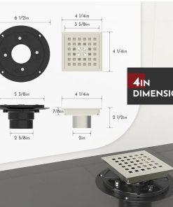 Alternative view of 4 Inch Square Shower Floor Drain with Flange, Quadrato Pattern Grate Removable, Food-Grade SUS 304 Stainless Steel, Watermark & CUPC Certified, Brushed Nickel