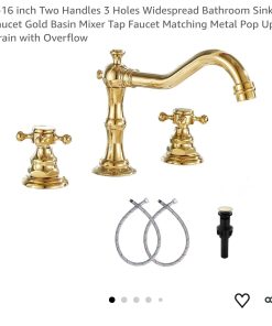 8-16 inch Two Handles 3 Holes Widespread Bathroom Sink Faucet Gold Basin Mixer Tap Faucet Matching Metal Pop Up Drain with Overflow