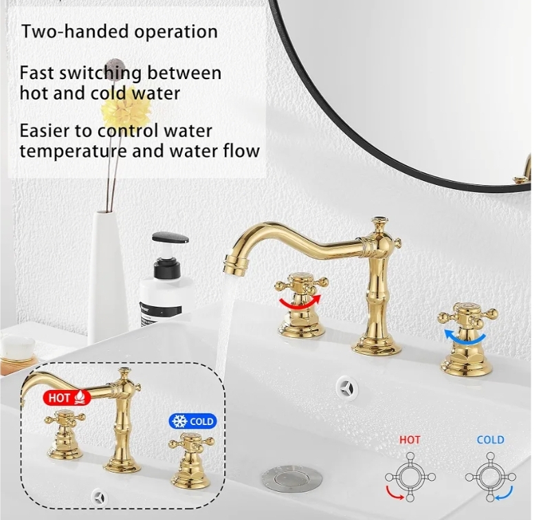 8-16 inch Two Handles 3 Holes Widespread Bathroom Sink Faucet Gold Basin Mixer Tap Faucet Matching Metal Pop Up Drain with Overflow - Image 6