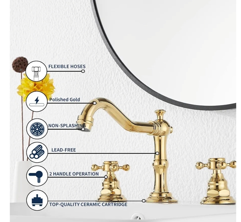 8-16 inch Two Handles 3 Holes Widespread Bathroom Sink Faucet Gold Basin Mixer Tap Faucet Matching Metal Pop Up Drain with Overflow - Image 8