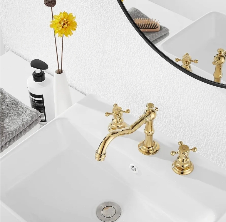 8-16 inch Two Handles 3 Holes Widespread Bathroom Sink Faucet Gold Basin Mixer Tap Faucet Matching Metal Pop Up Drain with Overflow - Image 11