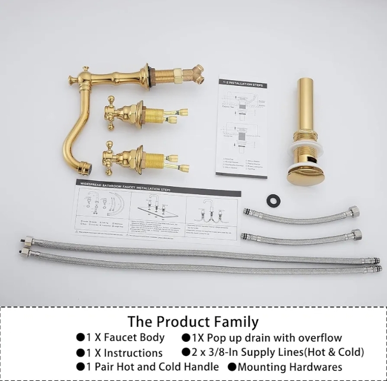 8-16 inch Two Handles 3 Holes Widespread Bathroom Sink Faucet Gold Basin Mixer Tap Faucet Matching Metal Pop Up Drain with Overflow - Image 12