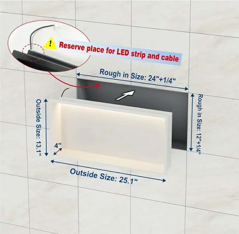 24"x12" White LED Shower Niche, 3 CCT Dimmable Light, No Tile Needed - Image 6