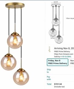 GLOBAL Industrial Retro Loft 3 Way Pendant Light, Cluster Chandelier Hanging Lamp Fixture Brass Fittings with Glass Globe Lampshade (Amber)