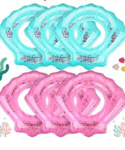 6 Pcs Shell Swimming Ring Inflatable Seashell Pool Float 27.5 x 31.5 Inch Glitter Sequins Raft Water Swim Tube Inflatable