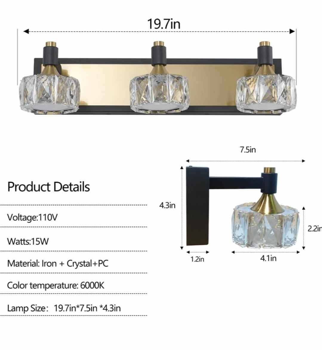 LED 3-Light Modern Crystal Bathroom Vanity Light Over Mirror Bath Wall Lighting Fixtures, Brushed Gold & Black - Image 3