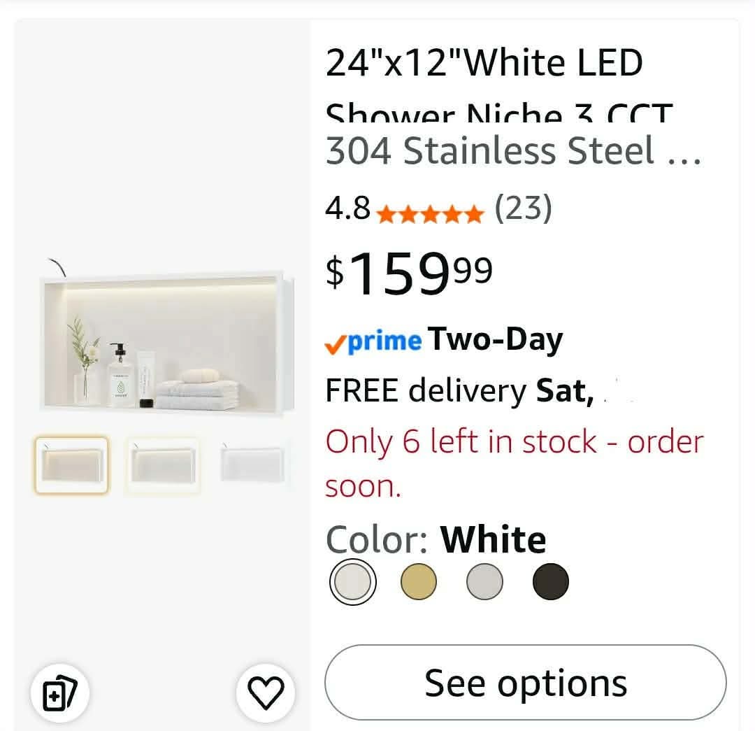 24"x12" White LED Shower Niche, 3 CCT Dimmable Light, No Tile Needed - Image 2
