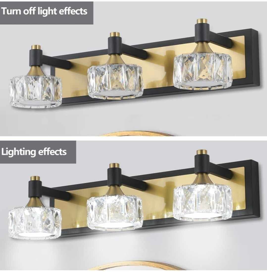 LED 3-Light Modern Crystal Bathroom Vanity Light Over Mirror Bath Wall Lighting Fixtures, Brushed Gold & Black - Image 7