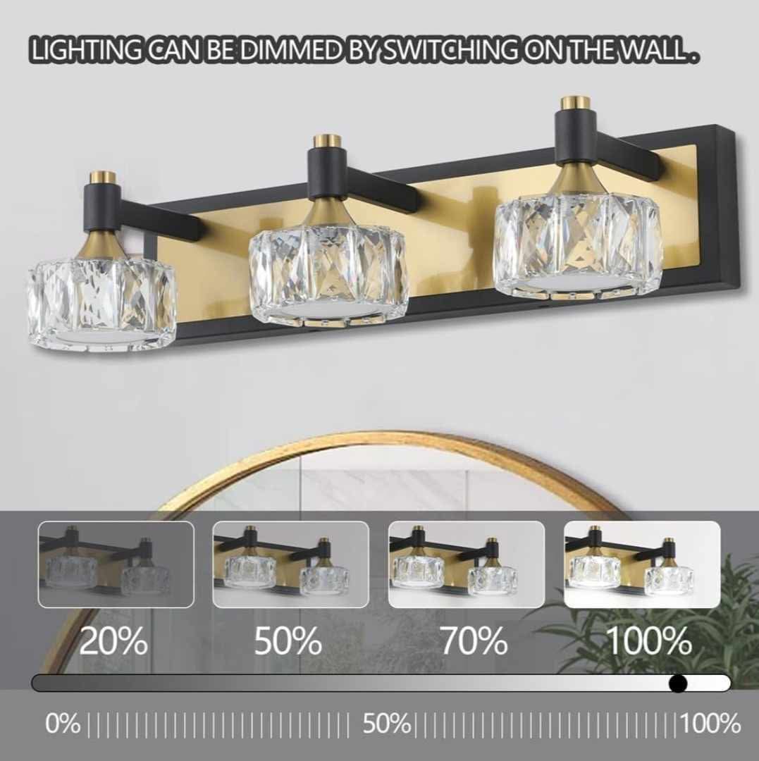 LED 3-Light Modern Crystal Bathroom Vanity Light Over Mirror Bath Wall Lighting Fixtures, Brushed Gold & Black - Image 4