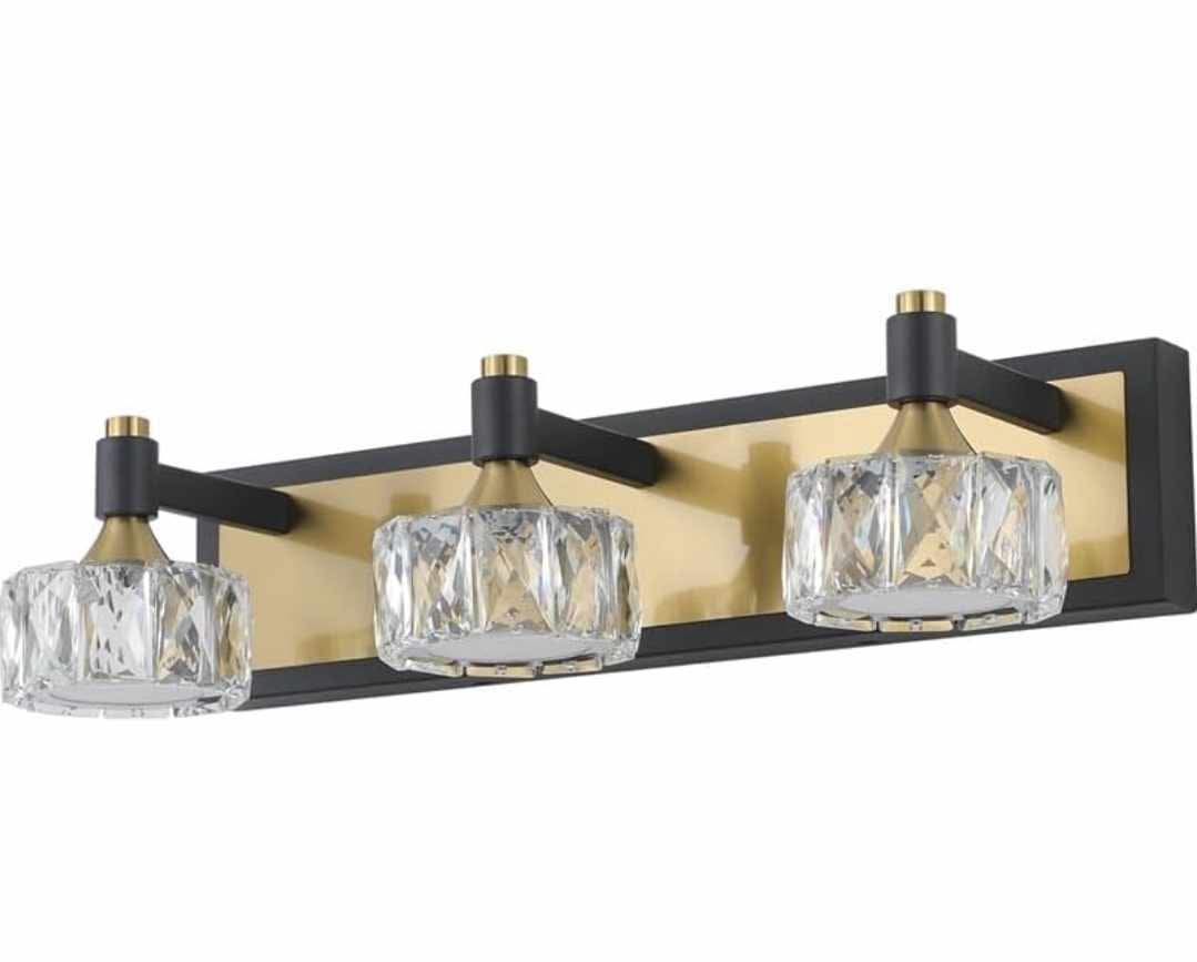 LED 3-Light Modern Crystal Bathroom Vanity Light Over Mirror Bath Wall Lighting Fixtures, Brushed Gold & Black