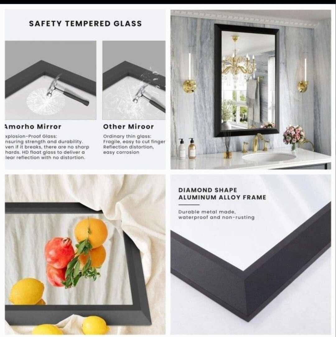 Black Bathroom Mirror, 24x36 Inch Thick Metal Framed Wall Mirror - Image 5