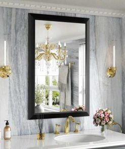 Black Bathroom Mirror, 24x36 Inch Thick Metal Framed Wall Mirror