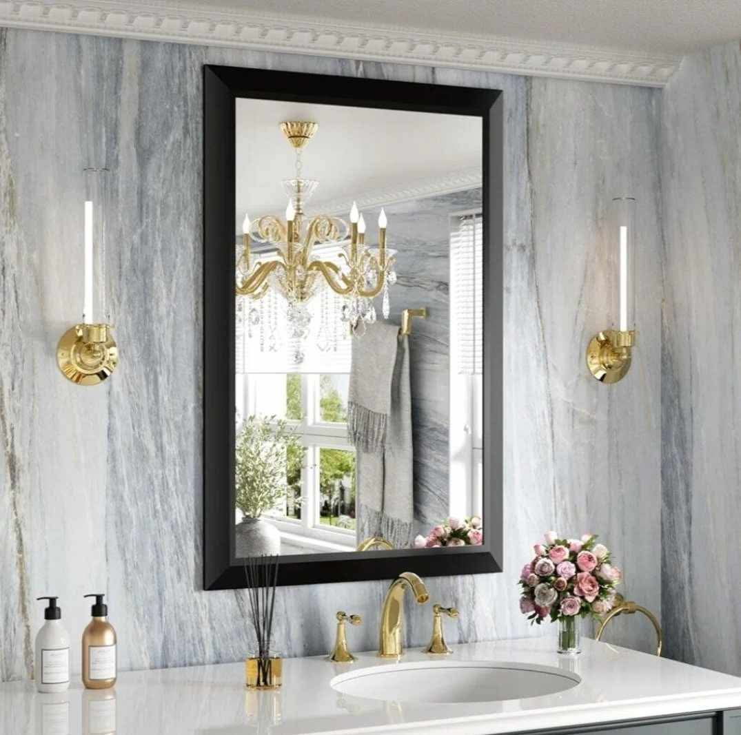 Black Bathroom Mirror, 24x36 Inch Thick Metal Framed Wall Mirror