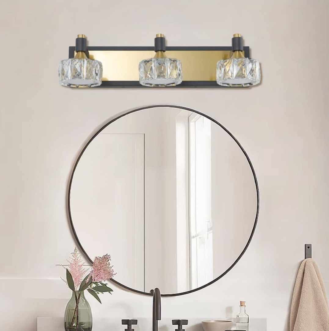 LED 3-Light Modern Crystal Bathroom Vanity Light Over Mirror Bath Wall Lighting Fixtures, Brushed Gold & Black - Image 6