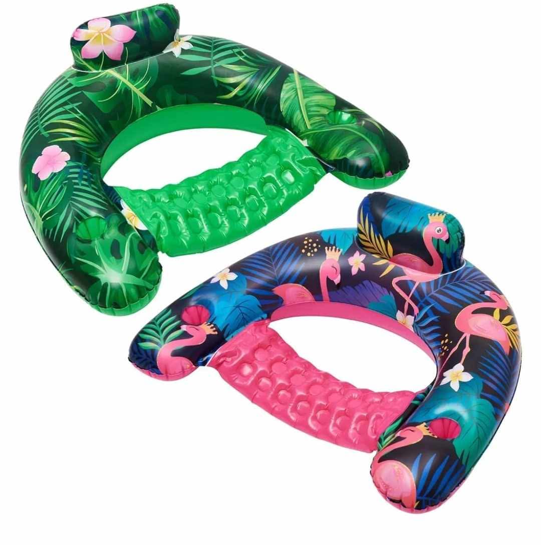 Inflatable Pool Float Chair - 2 Pack Pool Float Seat with Cup Holder Backrest Portable Water Hammock Lounges Chair