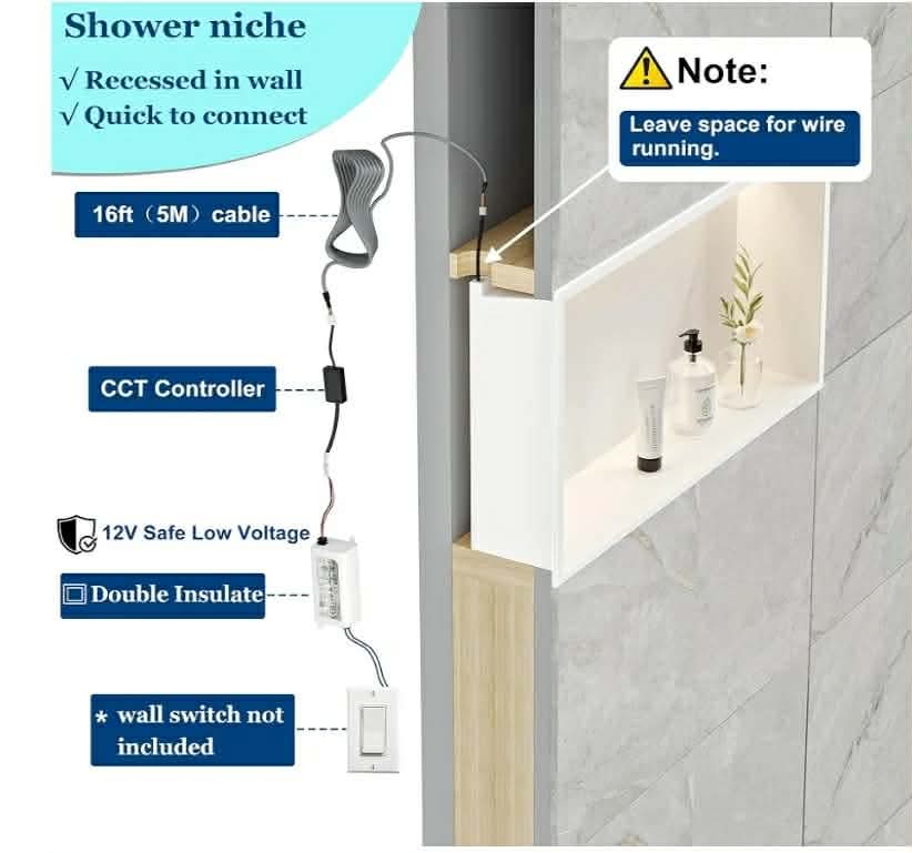 24"x12" White LED Shower Niche, 3 CCT Dimmable Light, No Tile Needed - Image 8