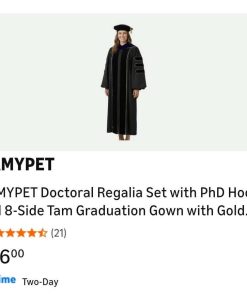 Alternative view of Doctoral Regalia Set with PhD Hood and 8-Side Tam Graduation Gown with Gold Piping and Velvet Trim Ceremony Attire, (5'6-5'8)