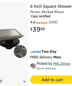 Alternative view of 6 Inch Square Shower Drain Nickel Floor Drain with Flange Reversible 2-in-1 Cover Tile Insert Grate