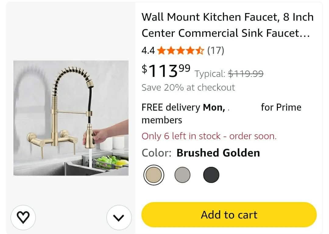 2 Handle Wall Mount Faucet for Kitchen Sink, Brushed Golden - Image 2