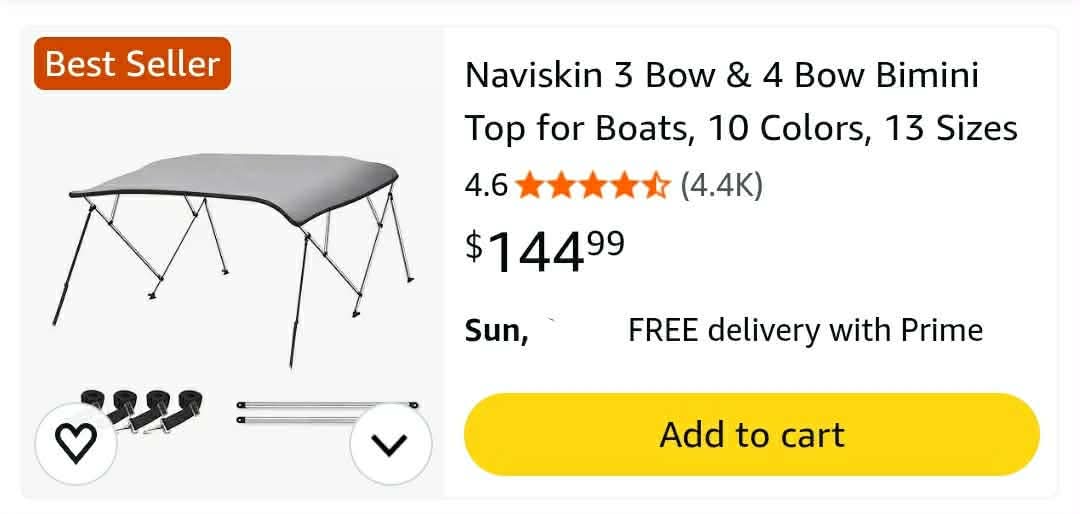 Naviskin 3 Bow & 4 Bow Bimini Top for Boats, 3 Bow 6'L x 46" H x 54"-60" W, Light Gray - Image 2