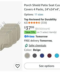 Alternative view of Porch Shield Patio Seat Cushion Covers 4 Packs, 24"x24"x4", Beige