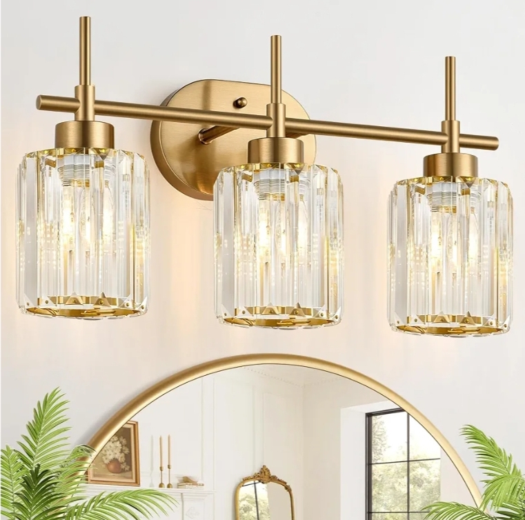 3-Light Brushed Gold Bathroom Light Fixtures with Clear Shades, Vanity Lighting Fixtures