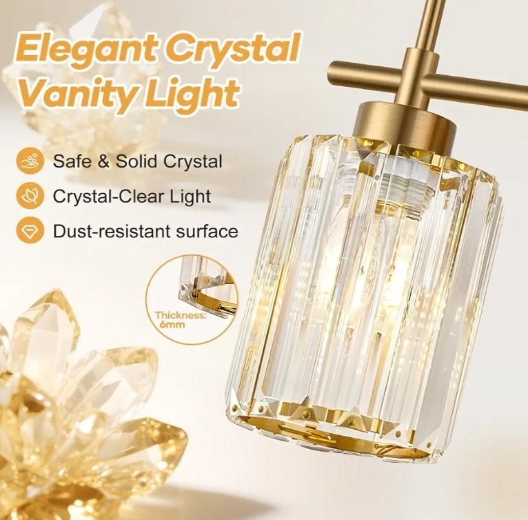 3-Light Brushed Gold Bathroom Light Fixtures with Clear Shades, Vanity Lighting Fixtures - Image 5