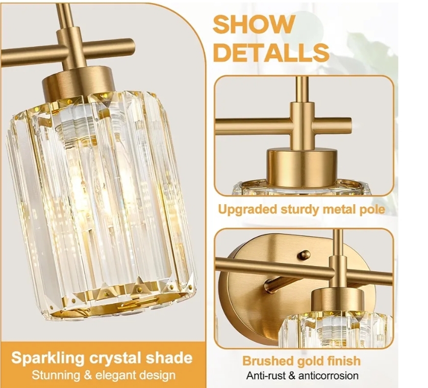 3-Light Brushed Gold Bathroom Light Fixtures with Clear Shades, Vanity Lighting Fixtures - Image 8
