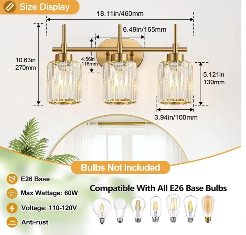 3-Light Brushed Gold Bathroom Light Fixtures with Clear Shades, Vanity Lighting Fixtures - Image 13