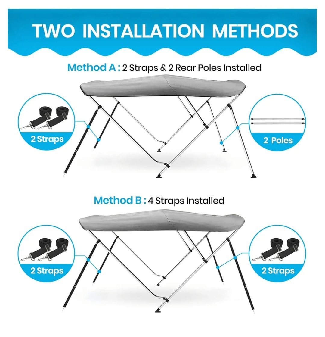 Naviskin 3 Bow & 4 Bow Bimini Top for Boats, 3 Bow 6'L x 46" H x 54"-60" W, Light Gray - Image 9