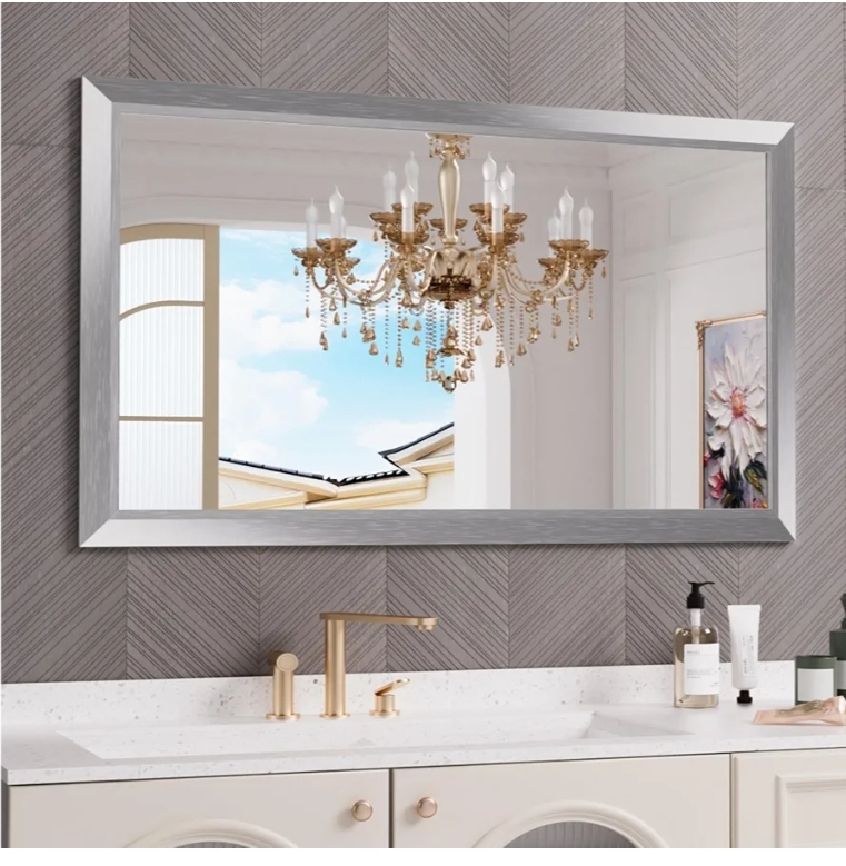 Amorho Bathroom Mirror for Wall 50x30 Inch, Brushed Silver Metal Framed