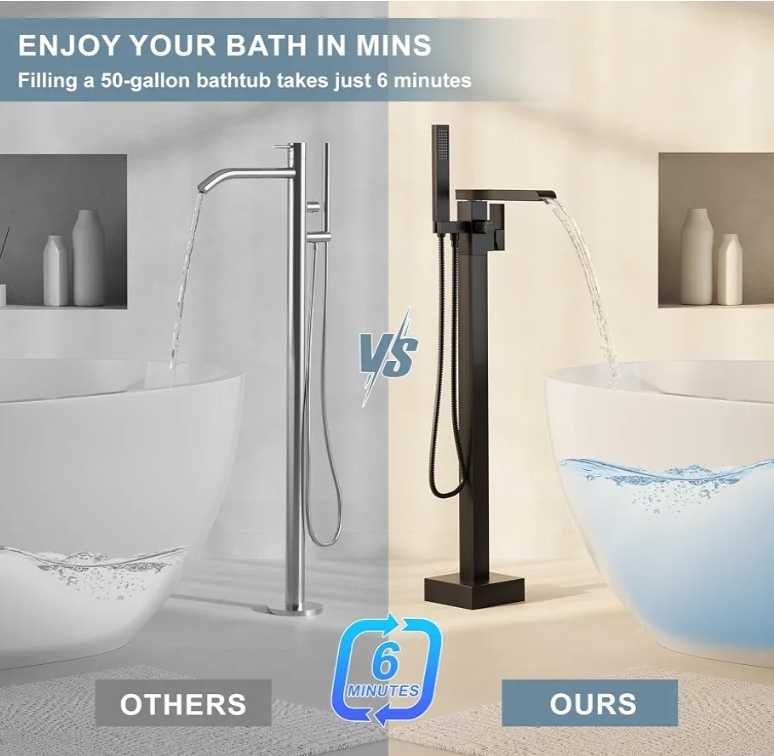 Freestanding Bathtub Faucet, Floor Mount Bathtub Faucet with 2 Water Outlet Modes, Swivel Gooseneck Spout with Hand Shower - Image 7