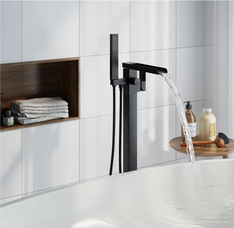 Freestanding Bathtub Faucet, Floor Mount Bathtub Faucet with 2 Water Outlet Modes, Swivel Gooseneck Spout with Hand Shower - Image 12