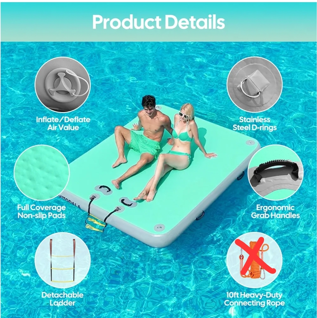 Inflatable Floating Dock, Water Island Float Raft Mat with Non-Slip Surface, 5FT/8FT/10FT Air Deck Platform, 6 Inch Thick - Image 8