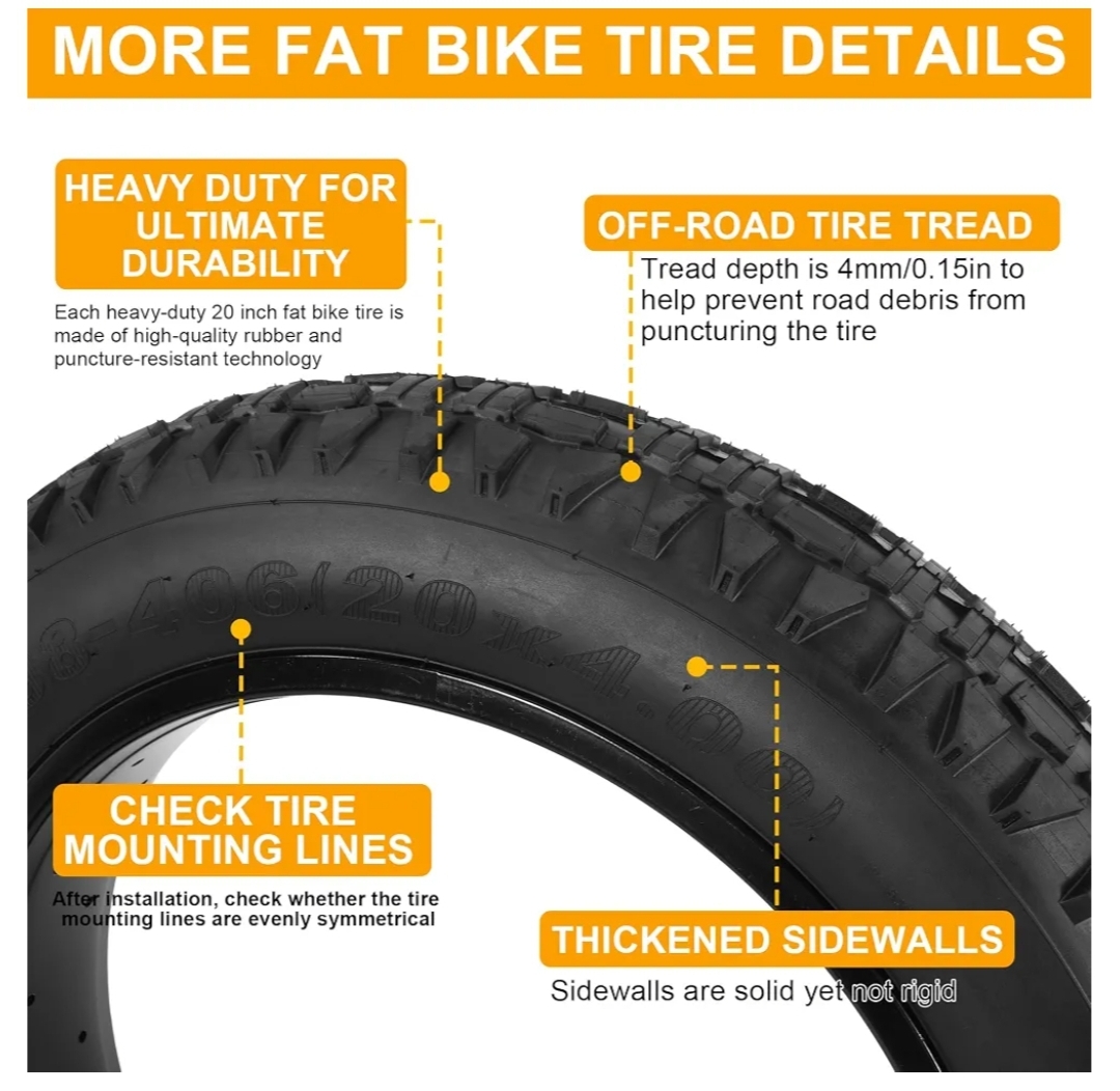 98-406 20x4.0 Fat Tire and Tube for E-Bike, MTB- 1/2Pack-Black - Image 6