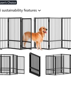 Full Metal Freestanding Dog Gate with Door, 32''Height Foldable Pet Dog Fence