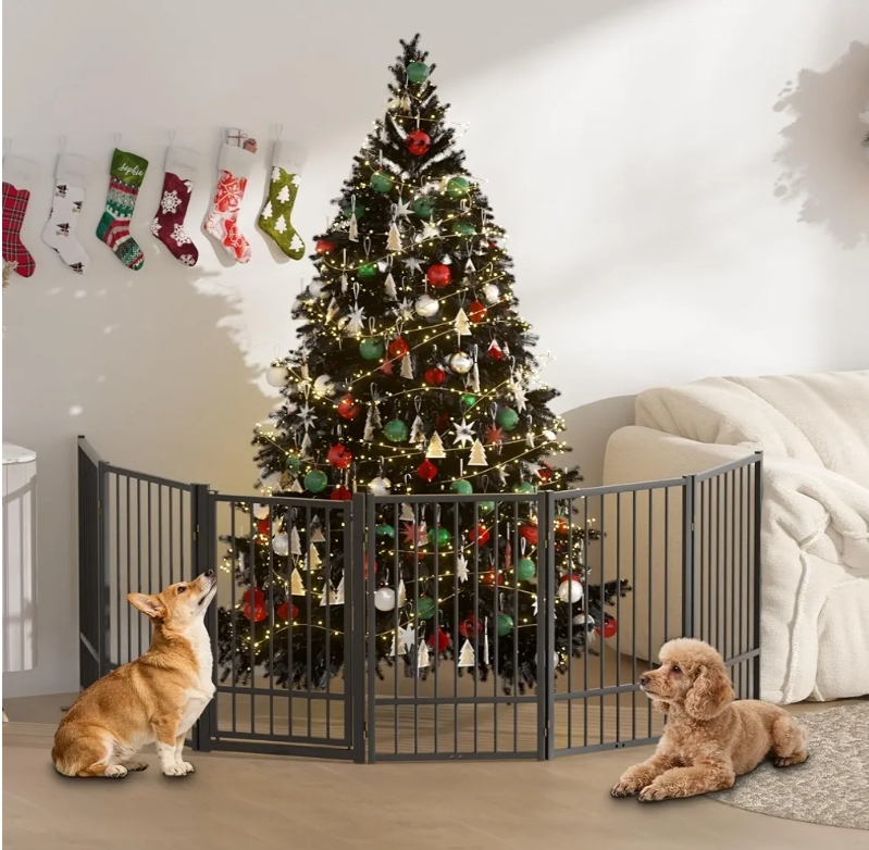 Full Metal Freestanding Dog Gate with Door, 32''Height Foldable Pet Dog Fence - Image 5