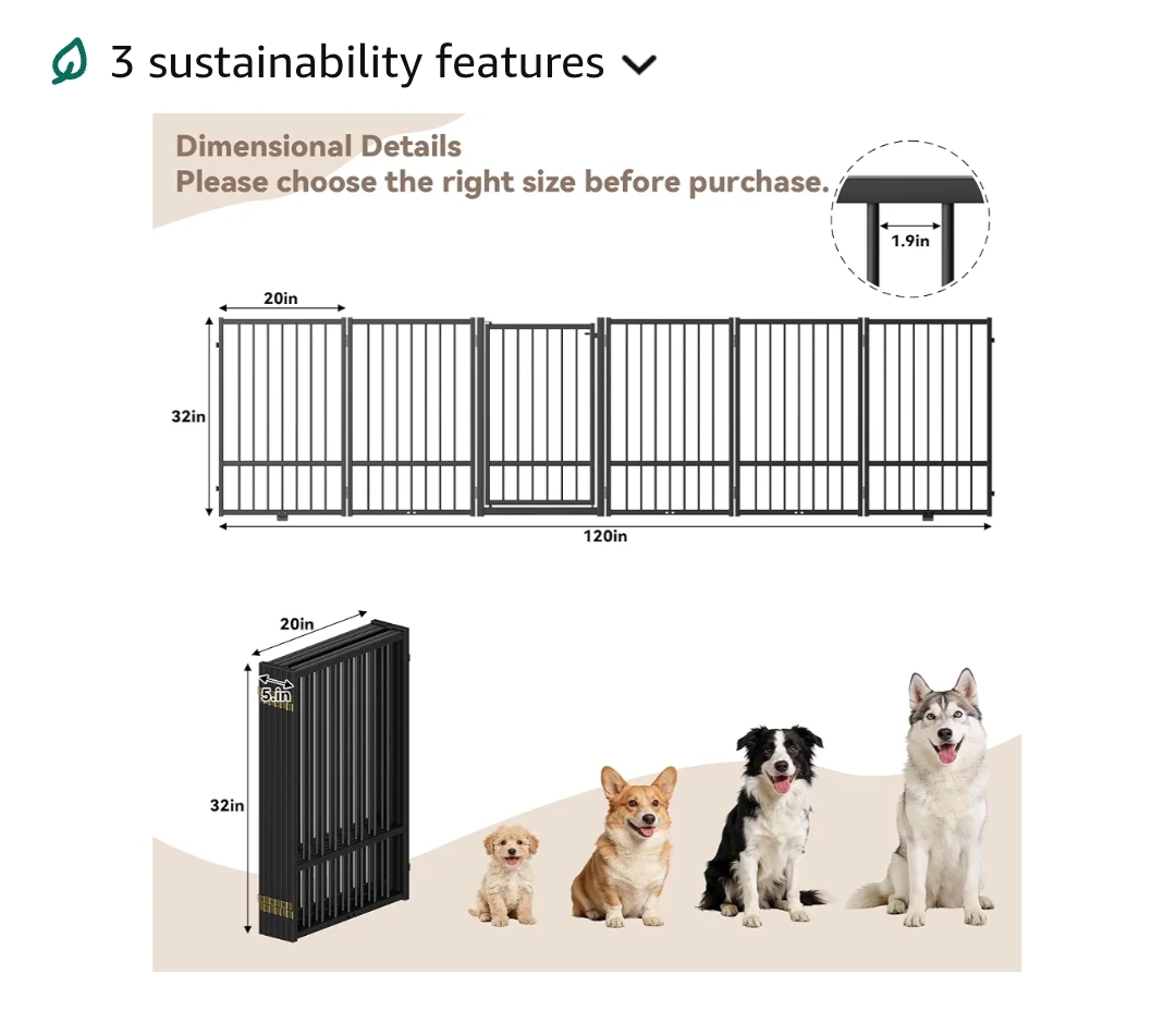 Full Metal Freestanding Dog Gate with Door, 32''Height Foldable Pet Dog Fence - Image 6
