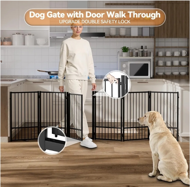 Full Metal Freestanding Dog Gate with Door, 32''Height Foldable Pet Dog Fence - Image 8
