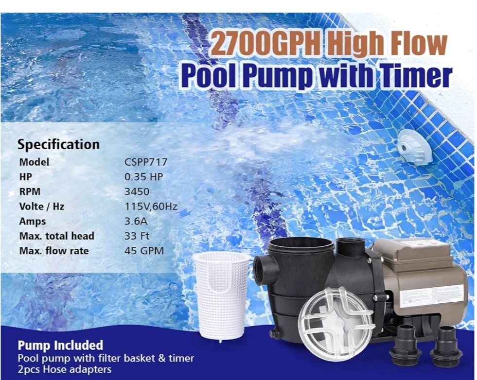 Pool Pump with Timer 2700GPH 115V Powerful Self Priming Above Ground Swimming Pool Pump 0.35HP - Image 7