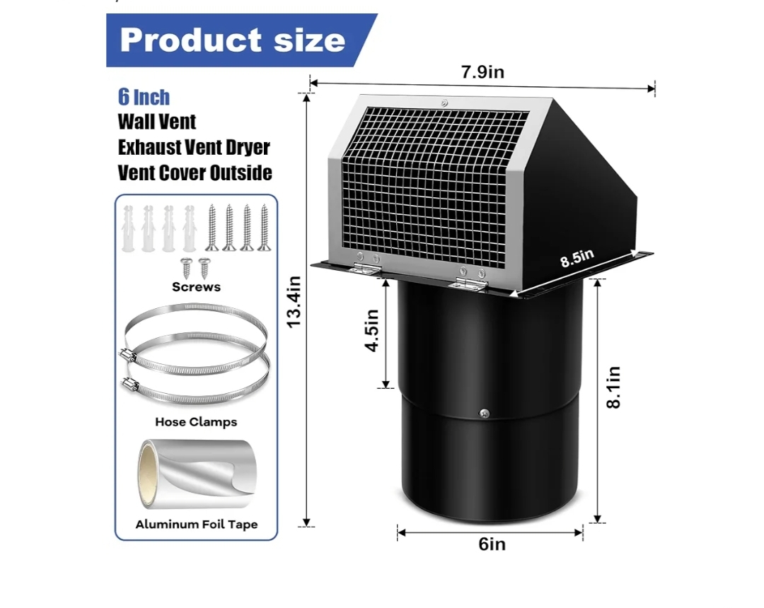 6 Inch Hooded Wall Vent with Screen and Damper, Wall Exhaust Vent Cover - Image 6
