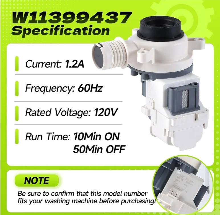 W11399437 W11259498 Washer Drain Pump Assembly Compatible with Whirlpool Maytag Kenmore Crosley - Image 6