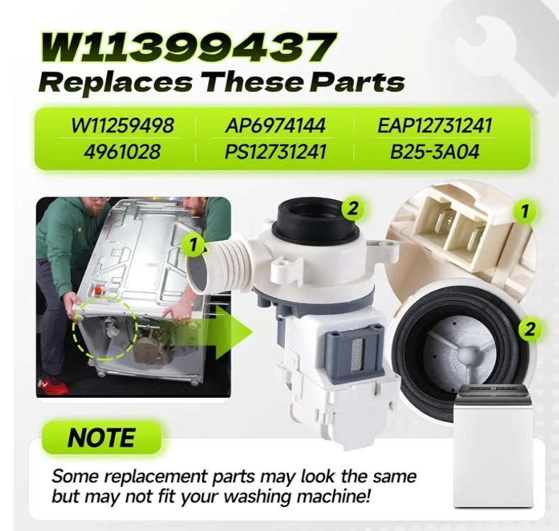 W11399437 W11259498 Washer Drain Pump Assembly Compatible with Whirlpool Maytag Kenmore Crosley - Image 7